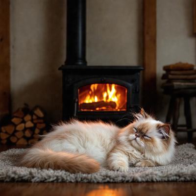 The primary subject of the image is a white cat lying on a rug in front of a fireplace. The cat appears to be sleeping or resting comfortably. The setting is a cozy living space with a fireplace, creating a warm and inviting atmosphere. The visual style of the image is a photo, capturing the cat's relaxed posture and the fireplace's glow. The colors in the image are predominantly warm and earthy tones, such as the white cat, the rug, and